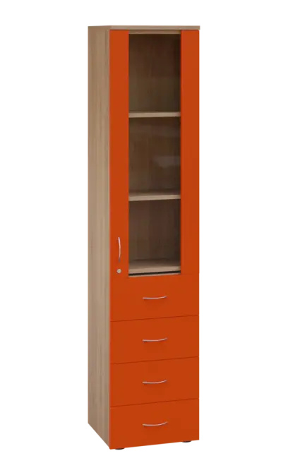 LE - 44 skříň léková prosklená, pravá, korpus dub bardolino, dvířka mandarinka